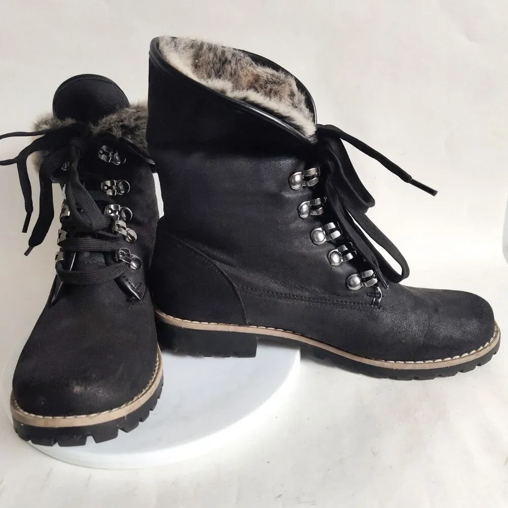 Cliffs White Mountain Size‎ 8.5 Fur Trim Lace Up Black Faux Leather Combat Boots